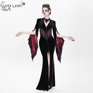 型ECT02201 EVA 摆开叉哥特弹力丝绒长外套收身版 暗黑风袖 LADY