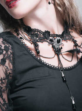 哥特花边水晶吊坠羽毛项链