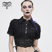 Devil fashion 暗黑设计夏季毛边V领短袖衬衫开衫上衣【SHT065】