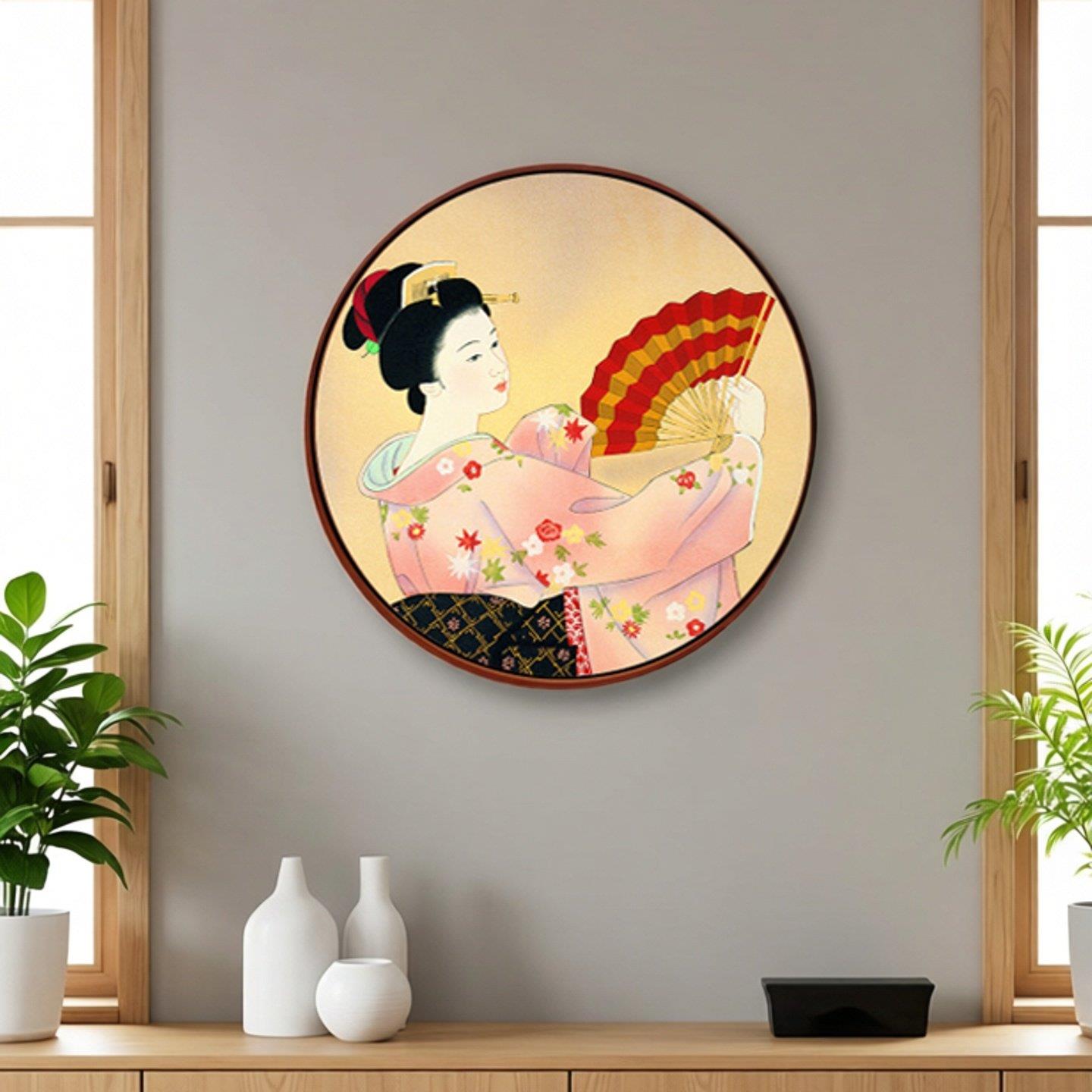 日本浮世绘美人壁画仕女图圆形框挂画日料餐厅日式客厅玄关装饰画