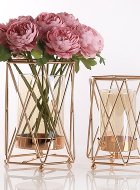 美式花艺花瓶轻奢金属插花摆件烛台插花鲜花客P厅玄关装饰花器玻