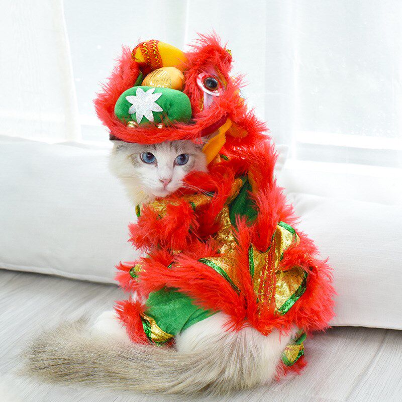 猫咪衣服搞笑搞怪装春秋舞狮狗衣服同款红色喜庆新年吉.祥宠物服