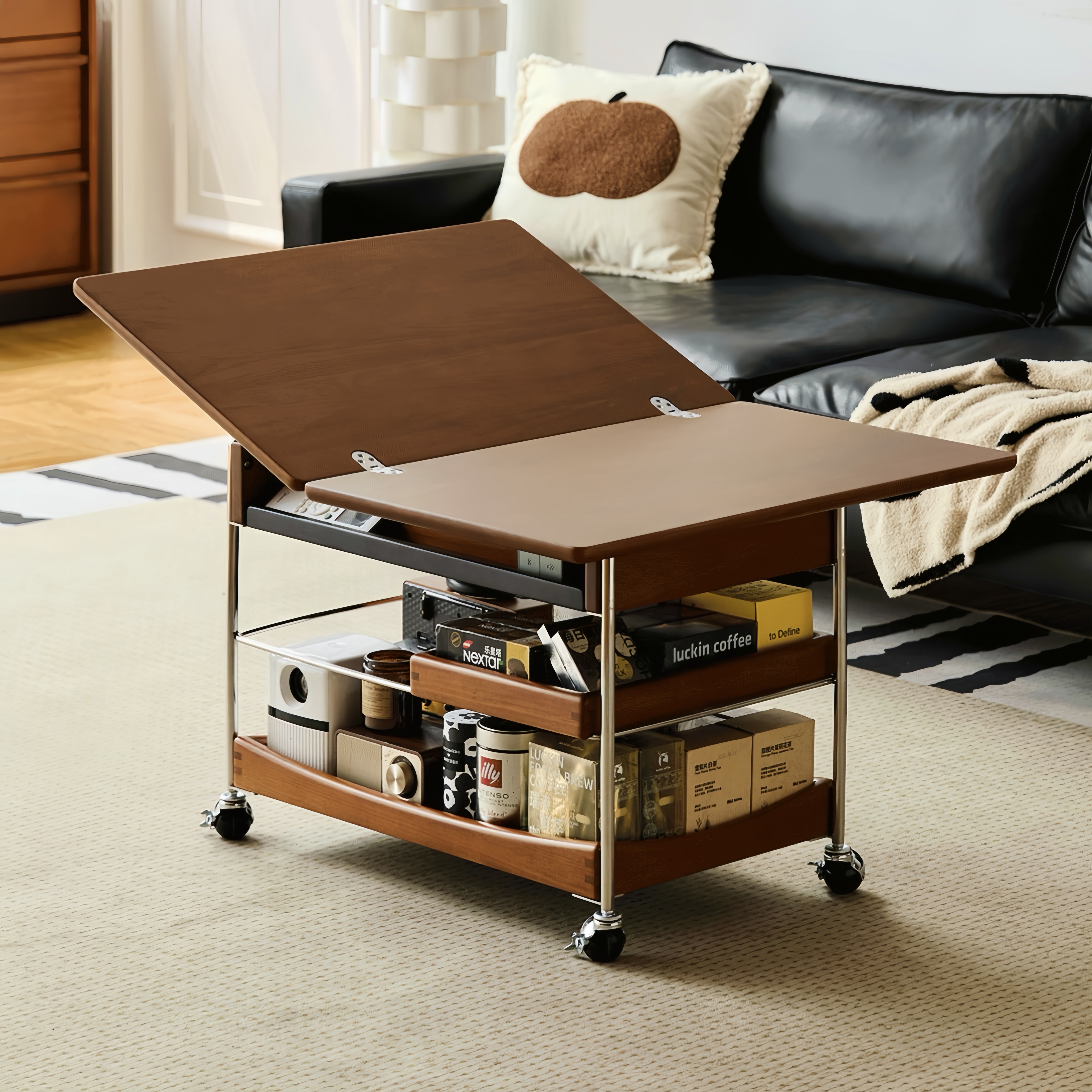 中古风实木折叠茶几可移动小推车