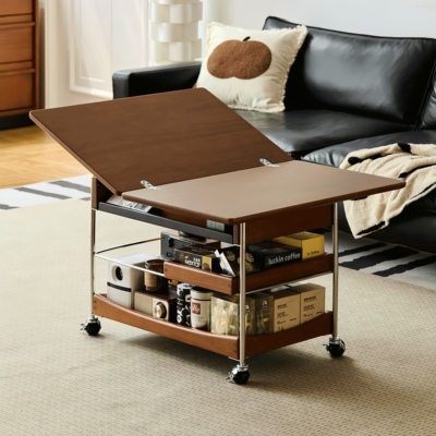 中古风实木折叠茶几可移动小推车