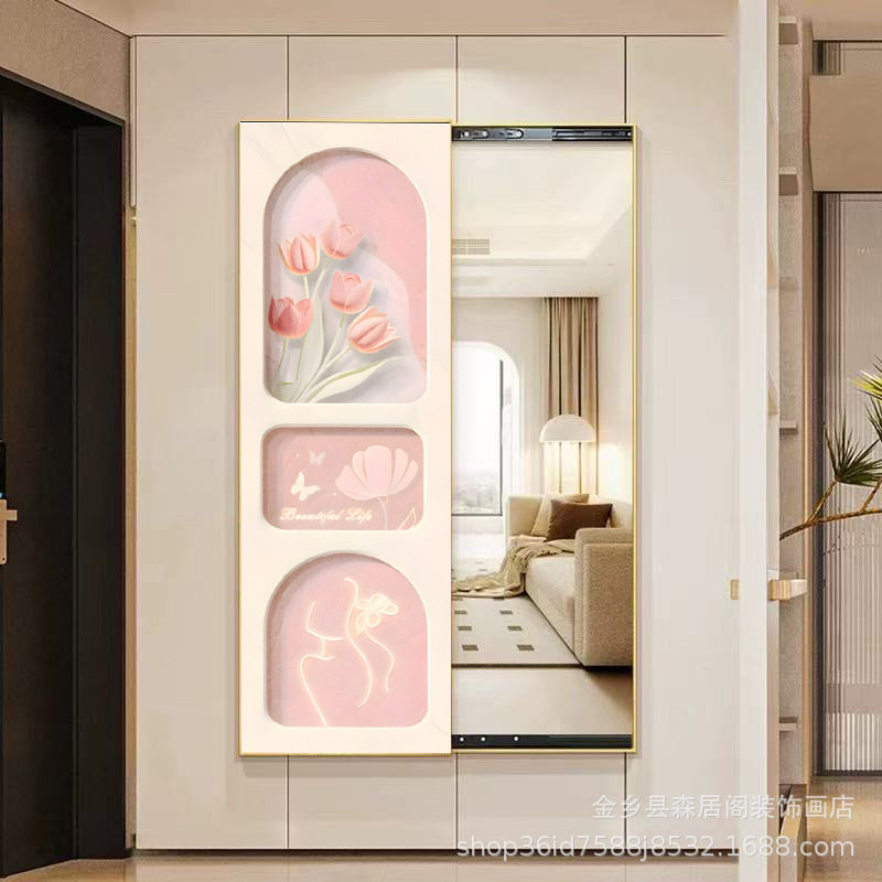 花朵玄关装饰画走廊过道挂画推拉全身镜轻奢穿衣镜暗藏式推拉镜画