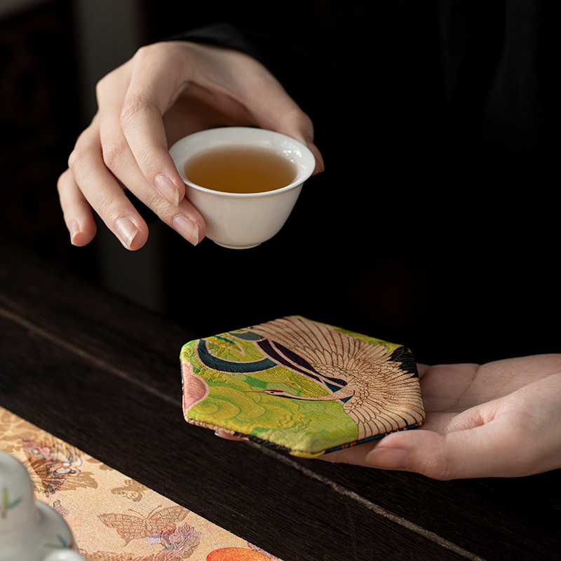 云纱花草集杯垫布艺双面防水中式田园风隔热垫茶托茶道配件简约风