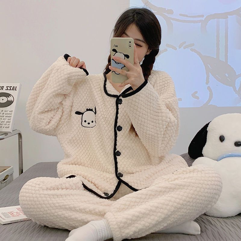 秋冬季睡衣女法兰绒开衫可爱珊瑚绒卡通加厚保暖可外穿家居服套装