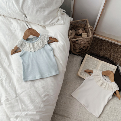 INS款夏季婴幼儿无袖大花边领细坑条打底衫女宝宝公主范外出上衣