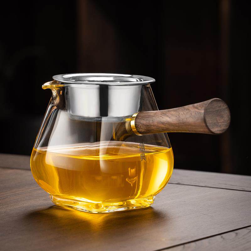 创典耐热侧把玻璃公道杯加厚分茶器茶海高档四方木柄公杯茶漏套装
