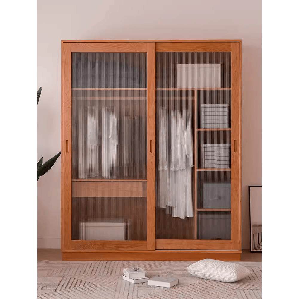 实木衣柜樱桃木玻璃推拉门藤编衣橱家用北欧卧室衣柜原木家具定制