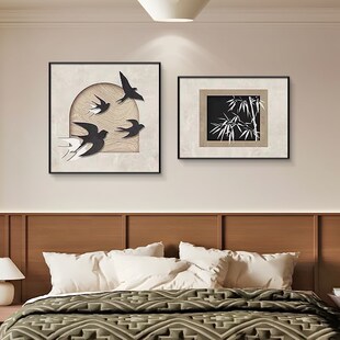 中古风卧室床头装 复古餐厅L壁画主卧房间背景墙挂 饰画高级感法式