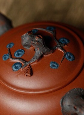 艳丽奢华高档紫i砂壶290CC大口扁圆球圆松叶纯手工泡茶叶壶水可养