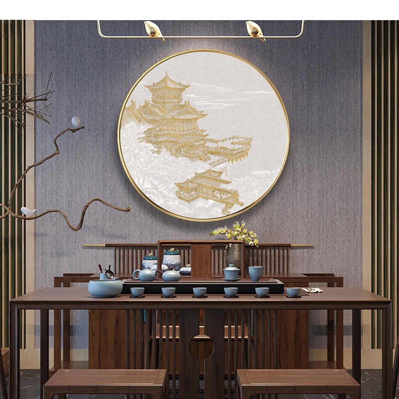 现代中式客厅沙发背景墙装饰画酒A店别墅走廊过道竖版中国建筑挂图片