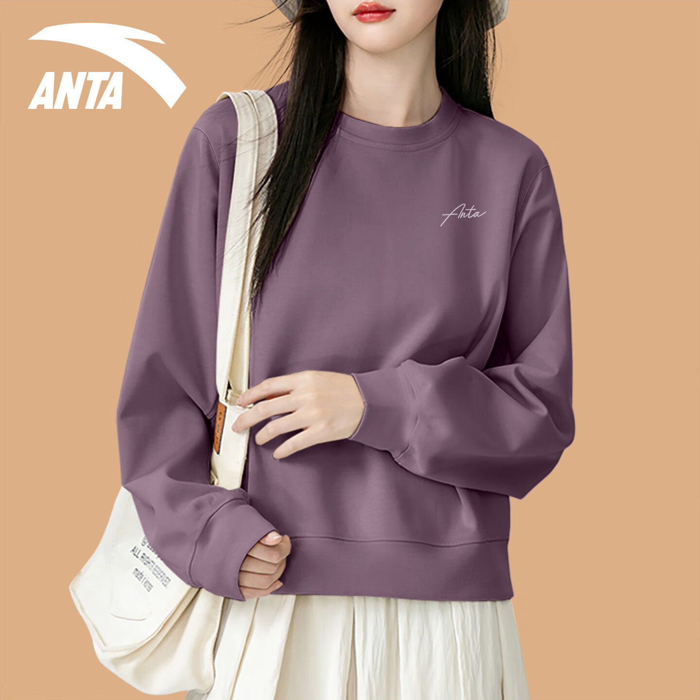 安踏圆领套头卫衣女2026夏季新款宽松上衣运动休闲时尚长袖T恤衫