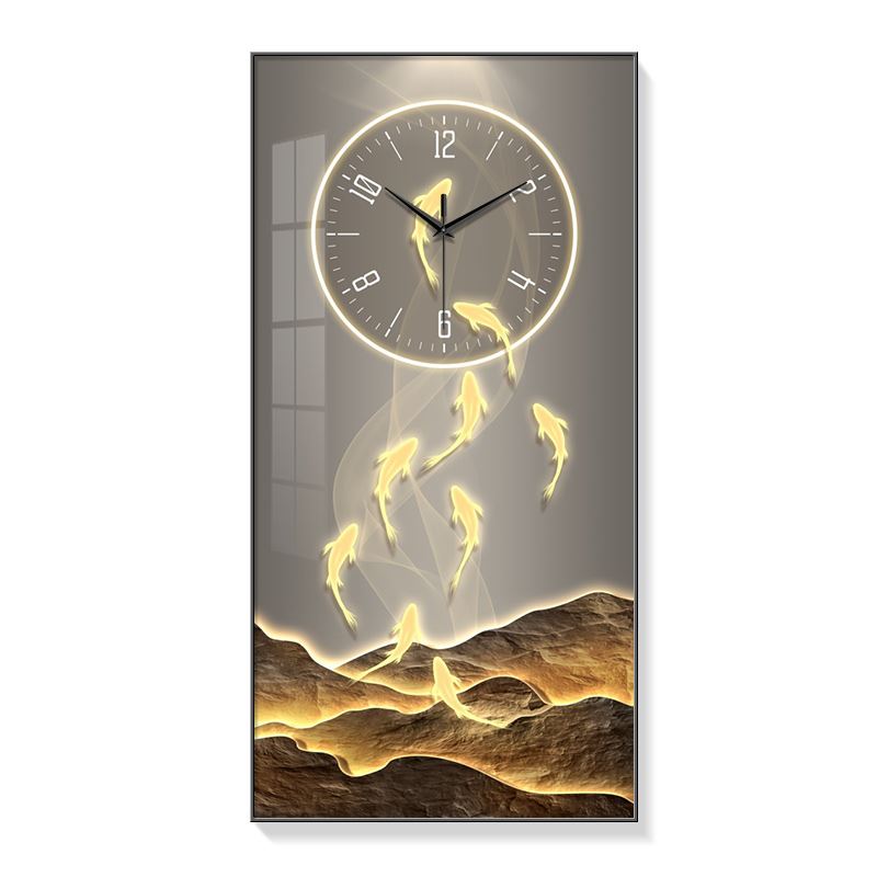 现代轻奢九鱼图玄关装饰画钟表挂钟客厅走廊过道挂画创意时钟壁灯图片