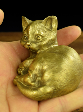 黄铜紫铜实心可爱小猫办公室书房客厅桌面摆件猫咪文房镇纸笔架