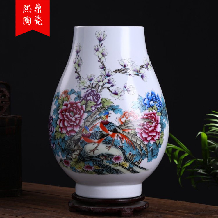 厂家直销陶瓷花瓶摆件新中式粉彩花鸟福筒花插柜台工艺品软装摆设
