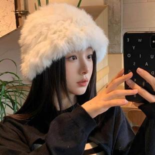 保暖显脸小护耳毛线帽云朵针织帽 渔夫帽兔毛白色毛绒帽子女秋冬季
