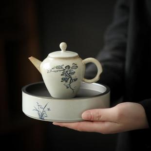 复古茶承托盘 草木灰手绘壶承陶瓷圆形茶盘储水干泡小台茶壶垫中式