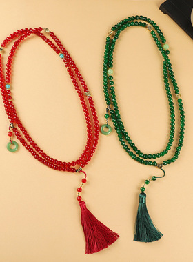 新中式国风108颗串珠流苏项链高级感复古长款斜挎链毛衣链配饰女