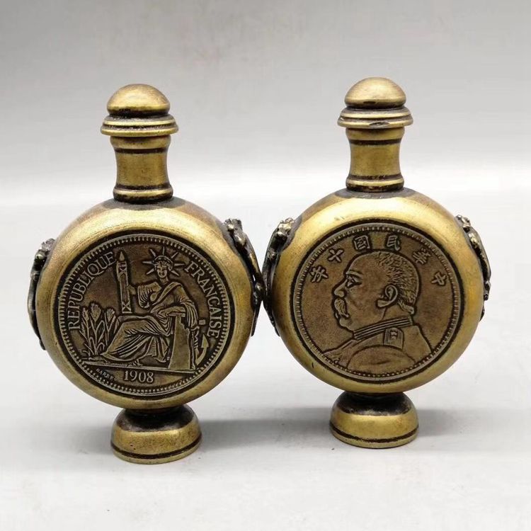 复古做旧纯铜老式鼻烟壶摆件自由女神袁大头图案古玩收藏工艺品