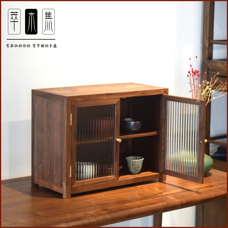 黑胡桃双开门玻璃茶具收纳柜