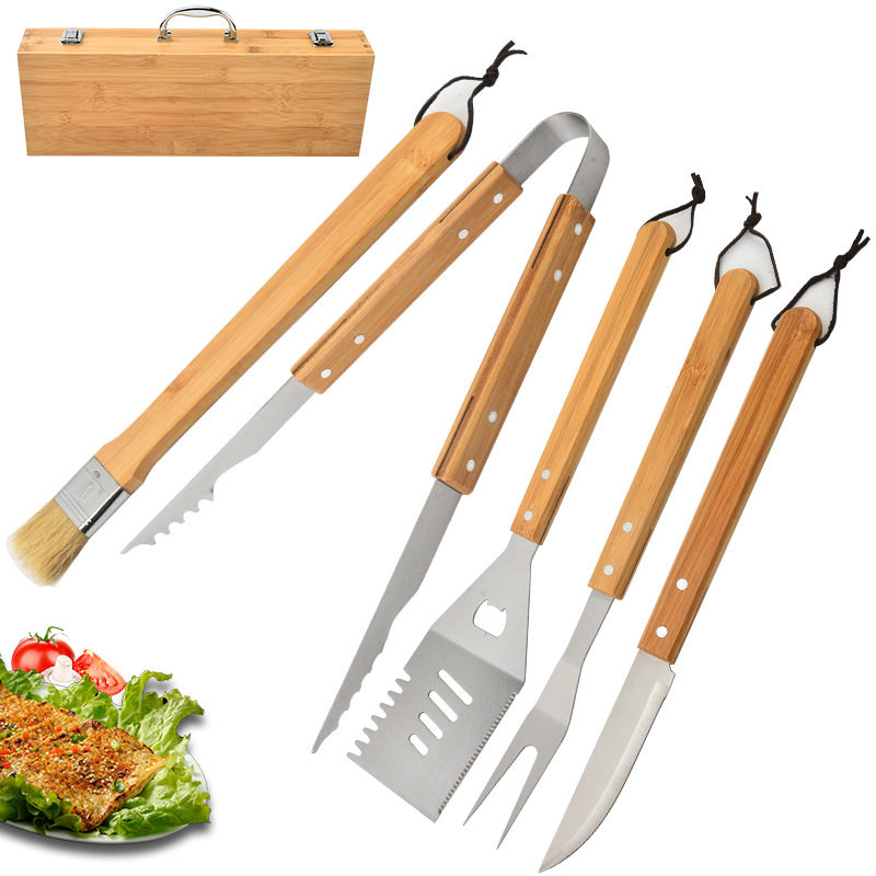 不锈钢木柄烧烤工具5件套
