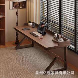 全实木双人书桌加挡板台式电脑桌长条电竟床边桌子家用简约学习桌