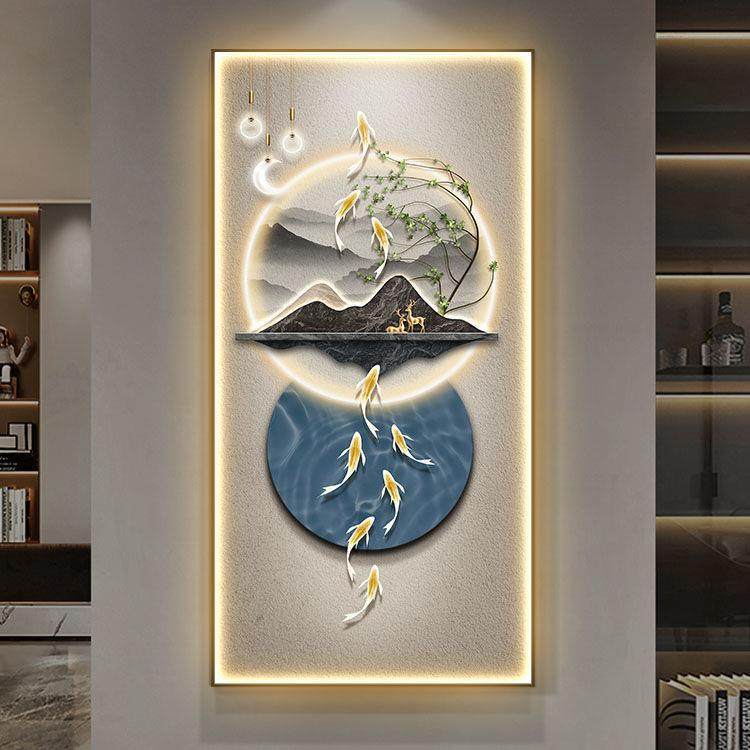 新中式流水生财入户玄关装饰画楼梯转角水墨山水过道壁LED灯光画