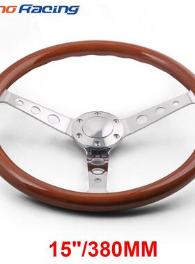 汽车改装15寸380MM实木方向盘6孔桃木老爷车复古方向盘电镀支架