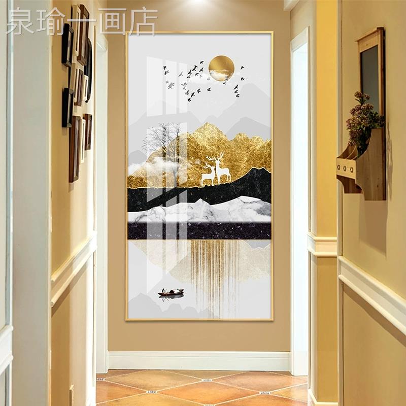 网红入玄关壁装饰画酒店走廊道竖版墙画北欧户轻奢过晶瓷画招鹿挂图片