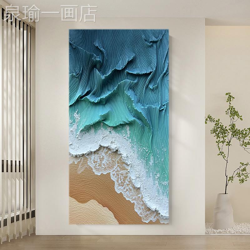 网红.饰原创《水约光潋滟绘》客厅简装玄画关手肌理挂画竖版