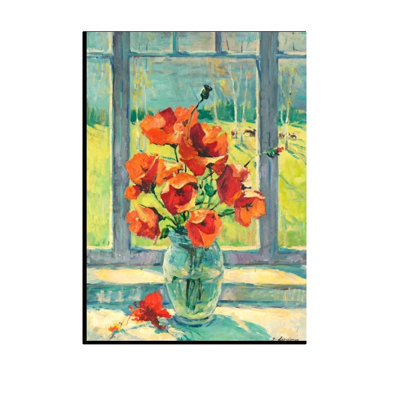 梵高窗花瓶暖色小众静物莫奈花卉油画装饰画客厅书V房玄关书柜挂图片
