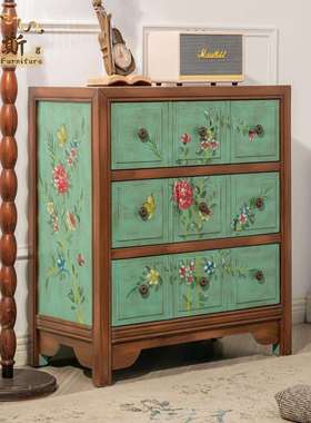 7W绿野仙踪客厅彩绘三斗柜美式边柜做旧绿色抽屉柜床头柜卧室储物