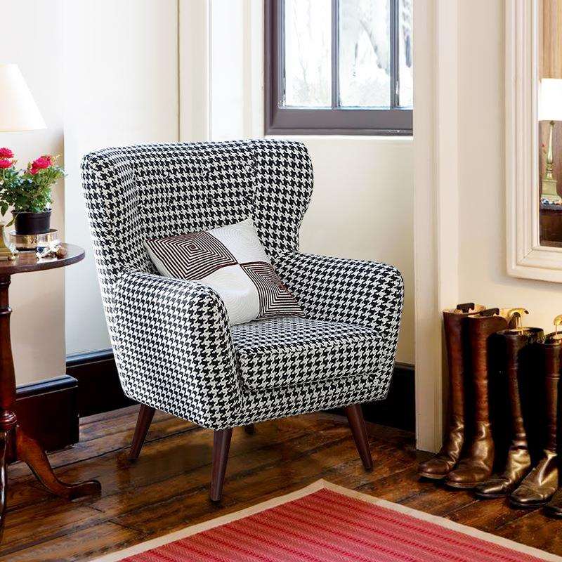 美式休闲单人沙发新古典千鸟格布艺老虎椅家用轻奢客厅小户型沙发