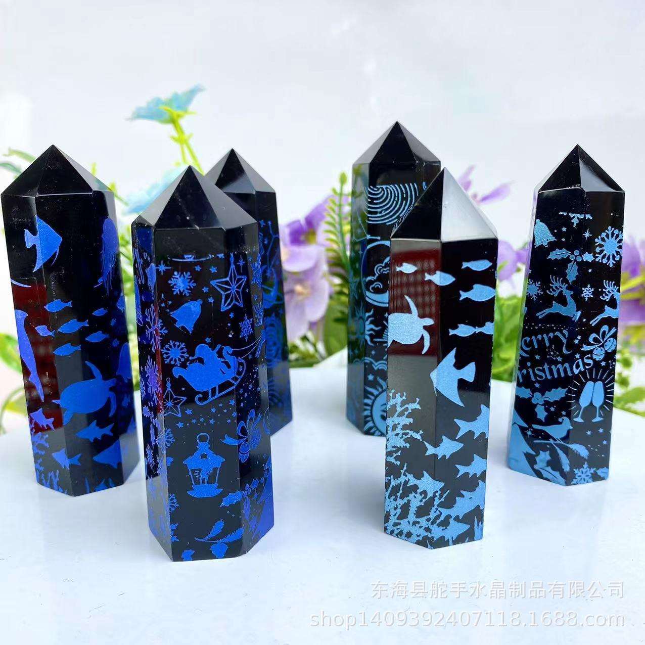 天然黑曜石柱单尖六棱柱原石切割打磨摆件家居客厅办公室刻字饰品