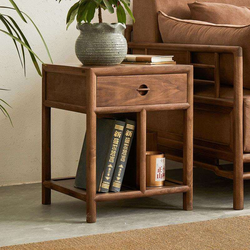 新中式实木沙发边几黑胡桃木角几原木双层卧室床头柜角桌