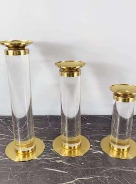 现代简约透明水晶玻璃金属烛台摆件样板房售楼餐厅餐桌处软装饰品