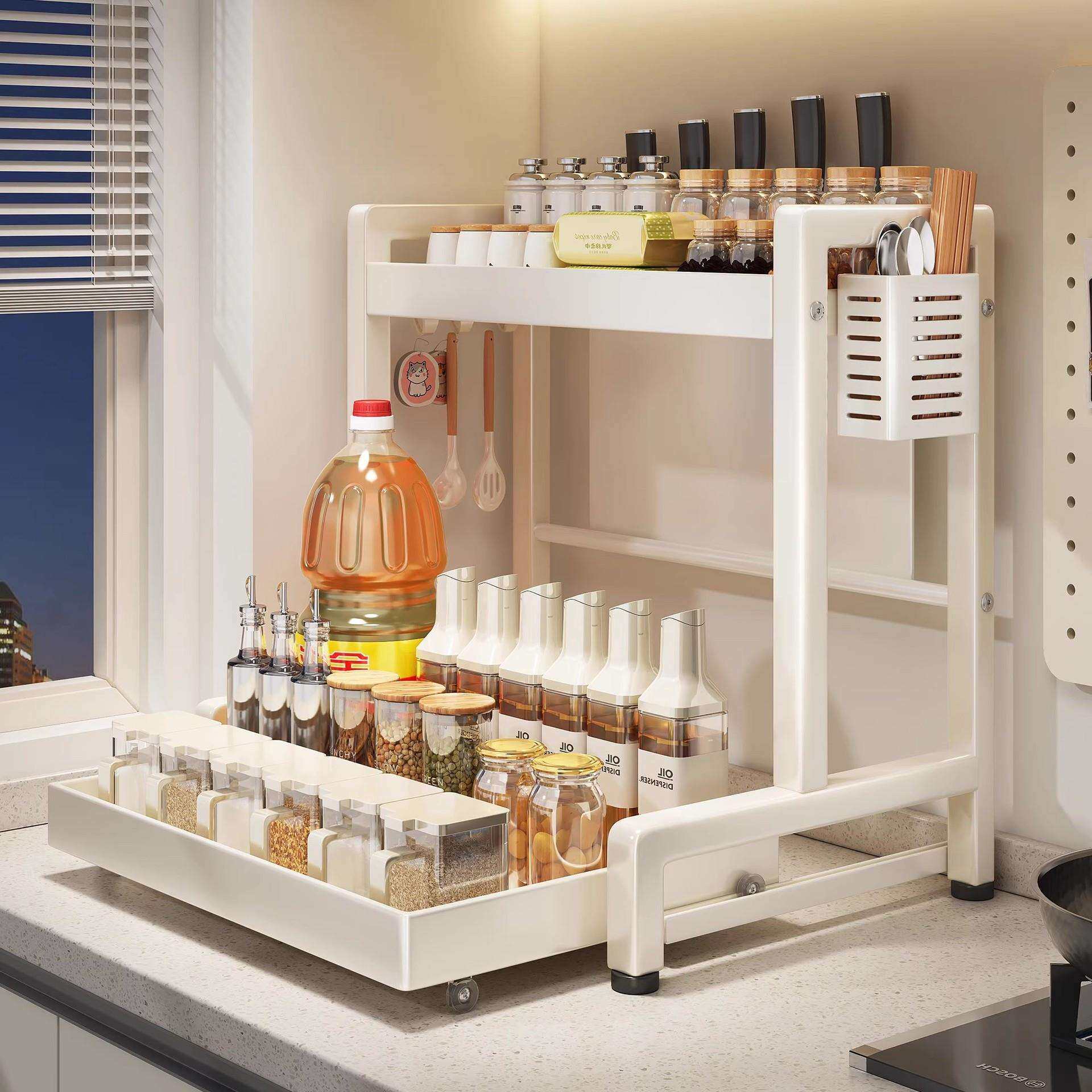 厨房调料品置物架落地抽拉式台面多功能调味料盒家用多层收纳架子
