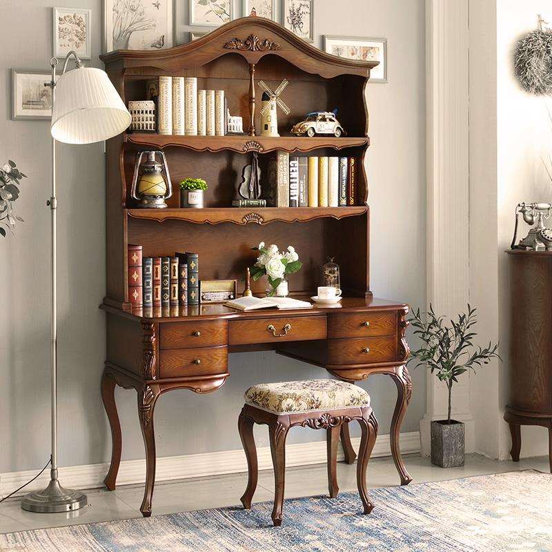 W6美式实木书桌书柜一体桌办公电脑桌书房成年人欧式学生单人写字