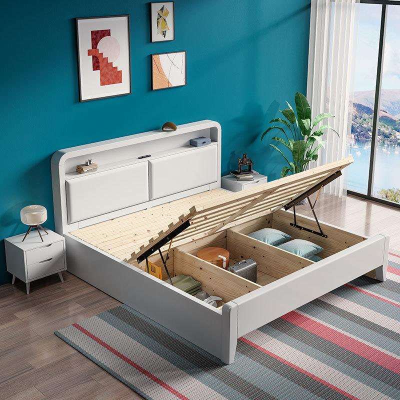 现代简约白色实木床主卧1.8米欧式双人床1.5米经济型橡木储物婚床