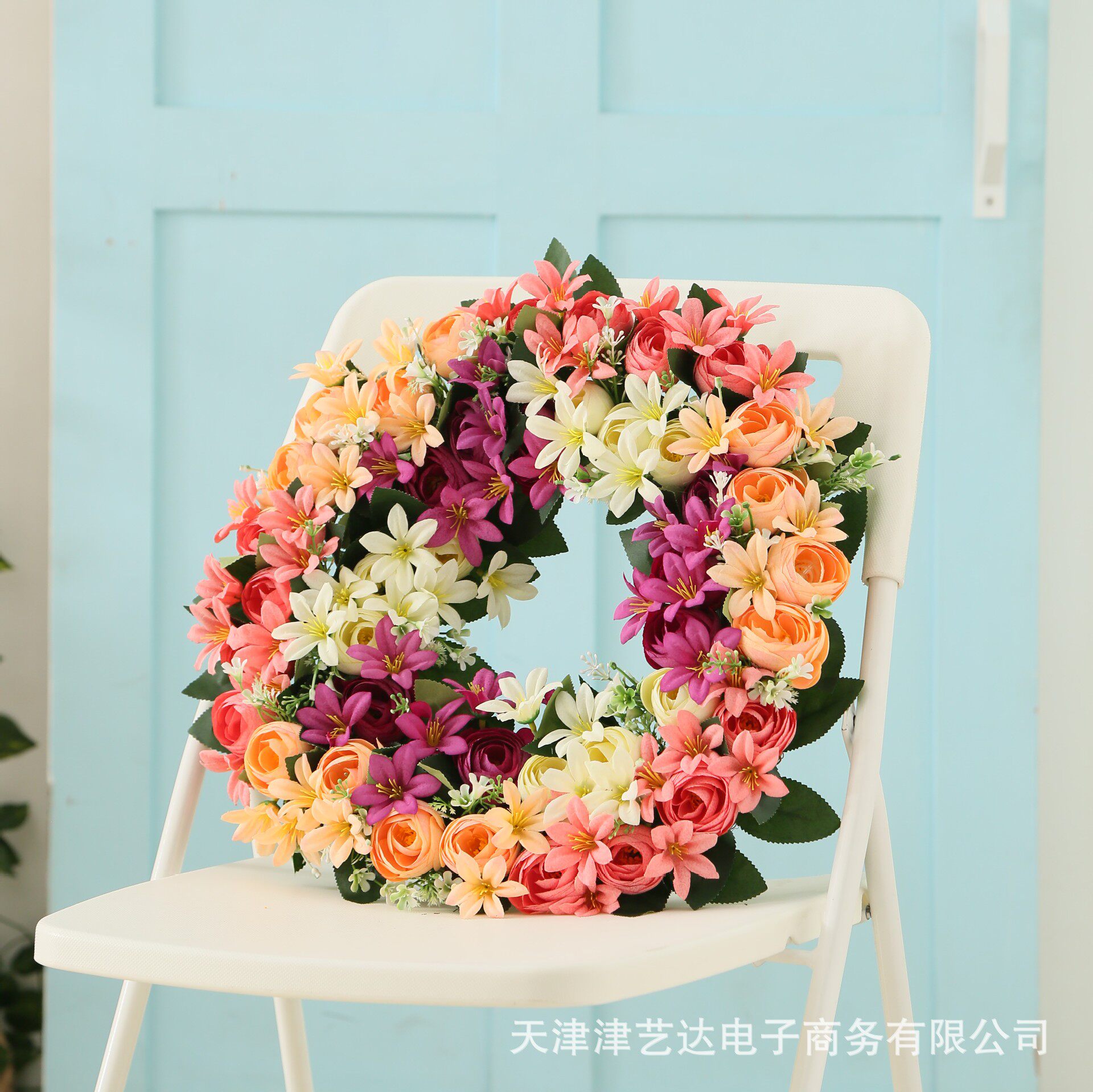 直销新款春季欧式仿真玫瑰花环婚礼节日门楣家居挂饰装饰跨境货源