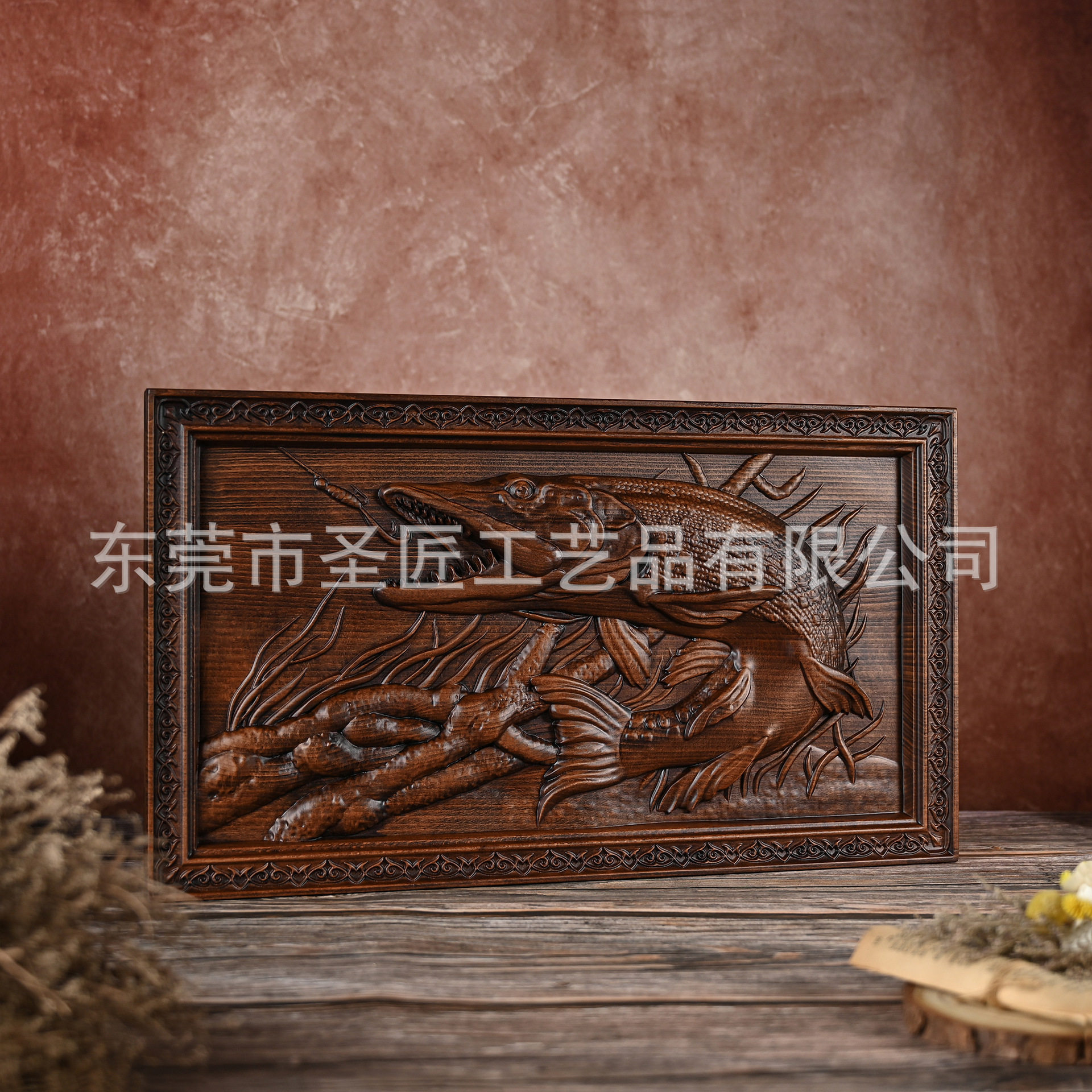方形浮雕实木手工木雕客厅批发装饰画桃木雕刻山海镇工艺品