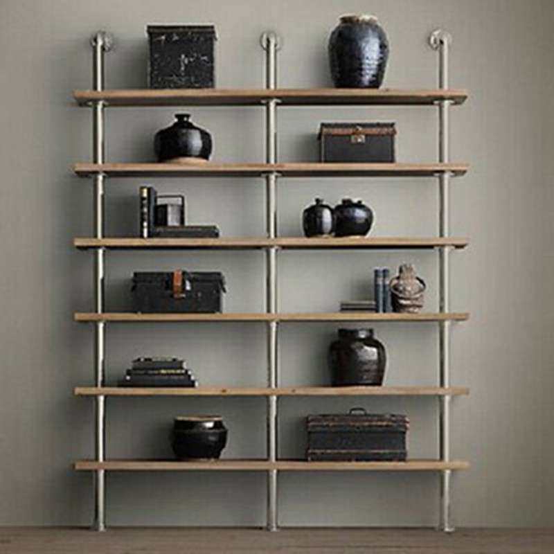 简约壁挂墙上实木鞋店装饰置物货架loft复古铁艺水管书架家具多层