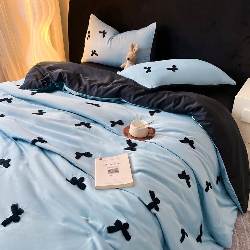 夏天水洗真丝四件套毛巾绣冰丝被套床单韩版夏季少女宿舍三件套