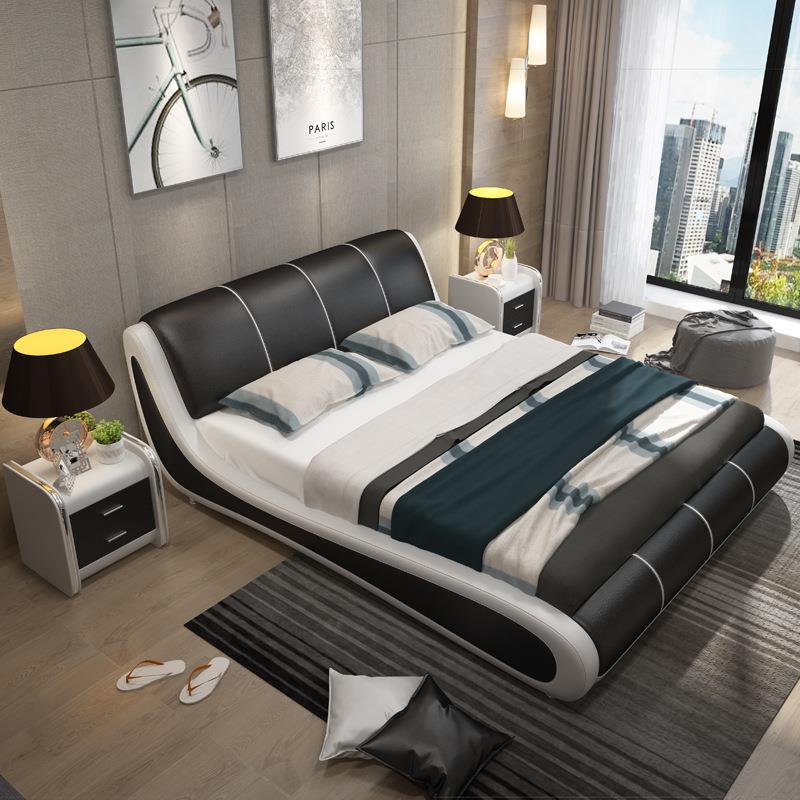 真皮床1.8米双人婚床1.5软床现代简约床主卧榻榻米欧式皮艺床家具