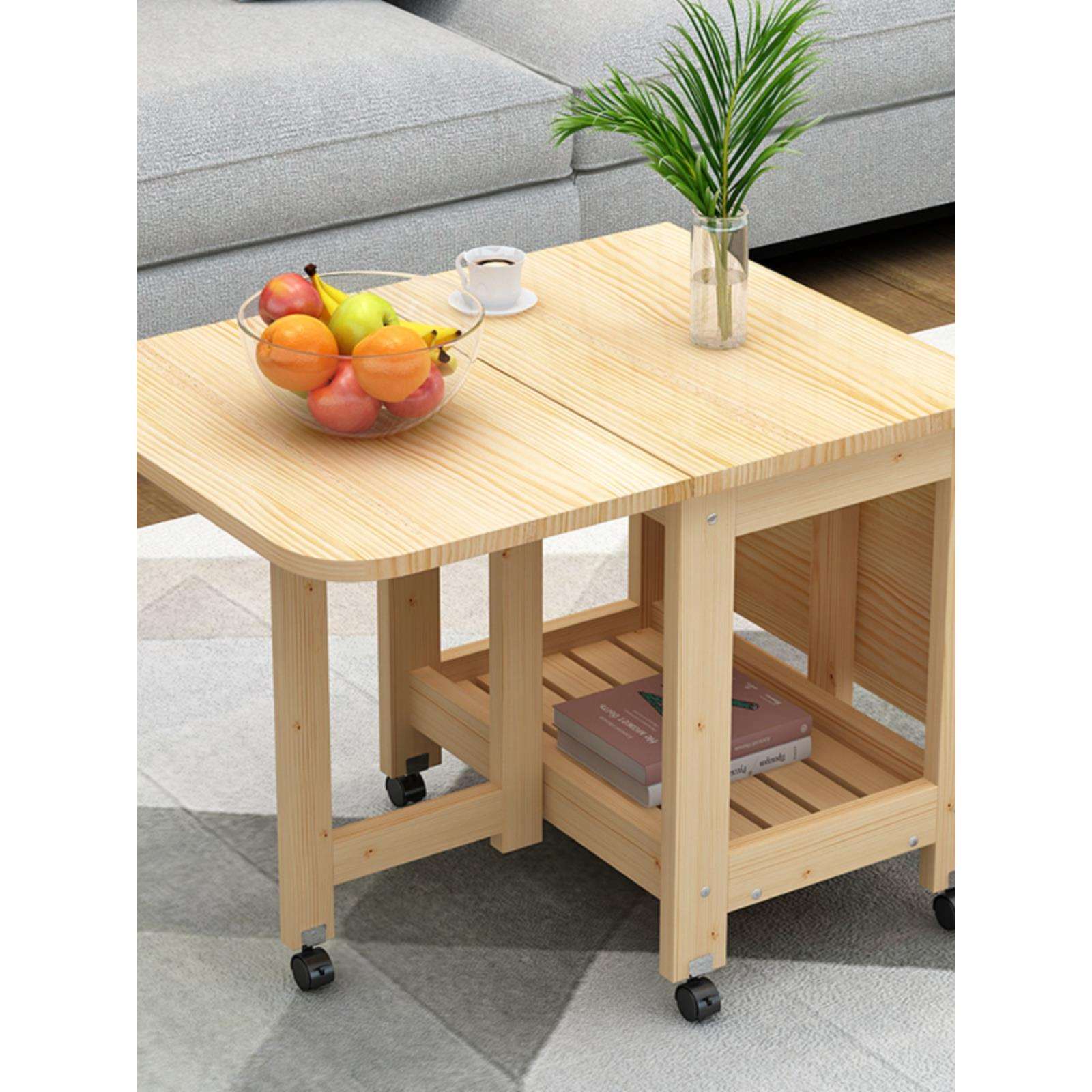 折叠茶几全实木餐桌两用小户型边几简约茶桌可移动伸缩方几矮桌