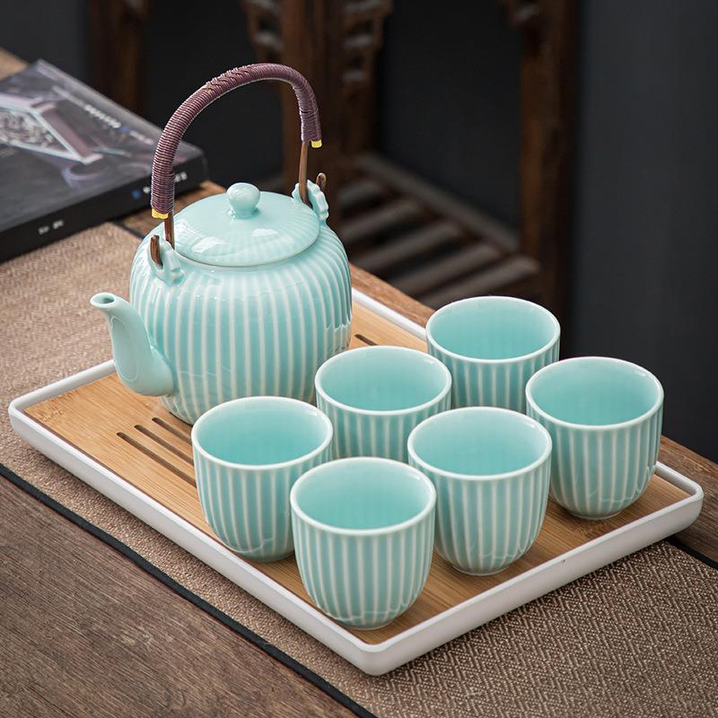 陶瓷提梁壶茶具套装大容量日式简约罗纹茶壶茶杯带过滤网整套