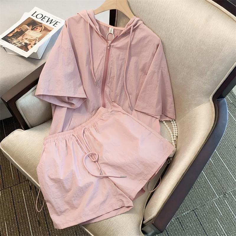 时尚大码休闲运动服套装男女款夏季时髦学院风短袖上衣短裤两件套