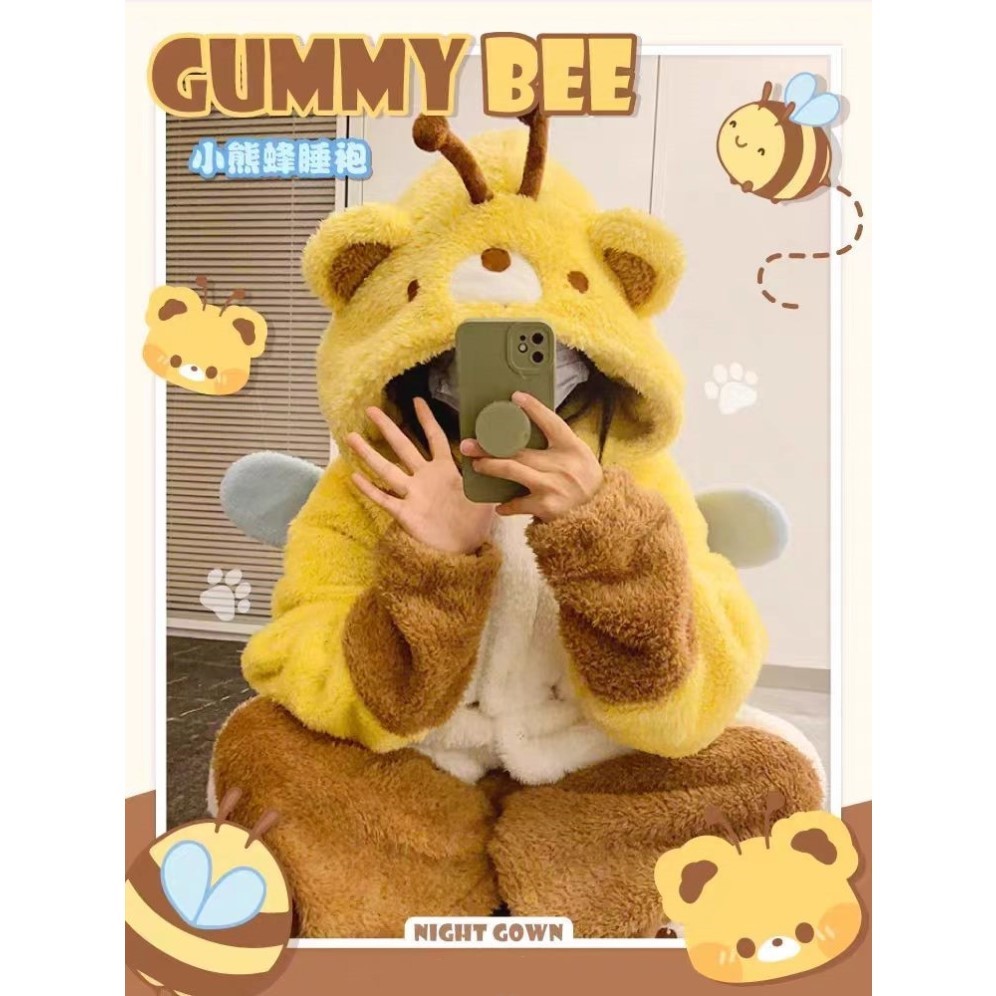 可爱小熊蜂蜜闺蜜加厚大码睡袍女冬季珊瑚绒睡衣连体衣家居服套装